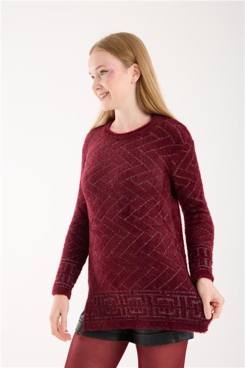 Wholesale Women Burgundy Lurex Crew-Neck Knit Blouse with Side Slits
