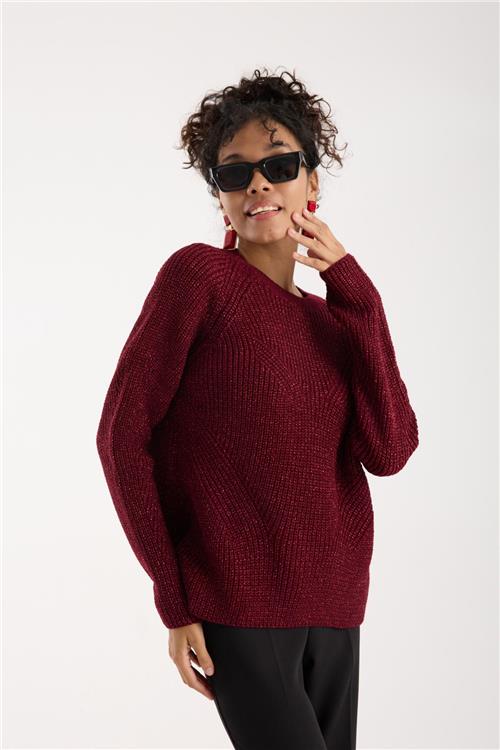Wholesale Women Burgundy Crew-Neck Lurex Rib Knit Sweater with Raglan Sleeves