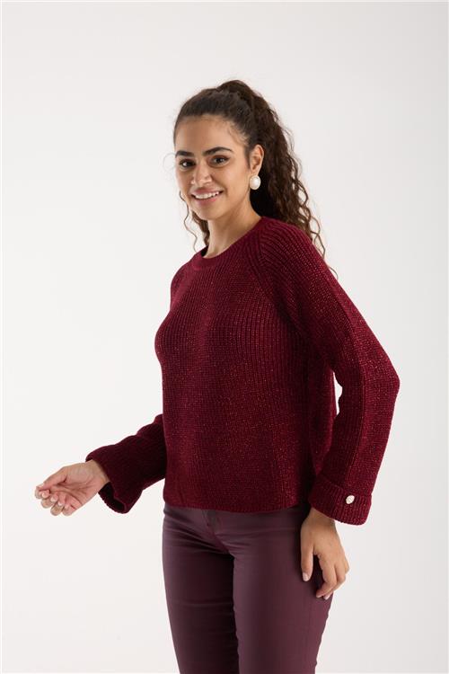 Wholesale Women Burgundy Lurex Crew-Neck Knit Blouse with Raglan Sleeves and Single Button Cuffs