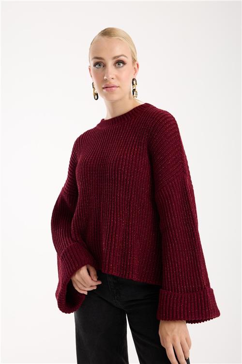 Wholesale Women Burgundy Lurex Rib Knit Oversized Crew-Neck Sweater