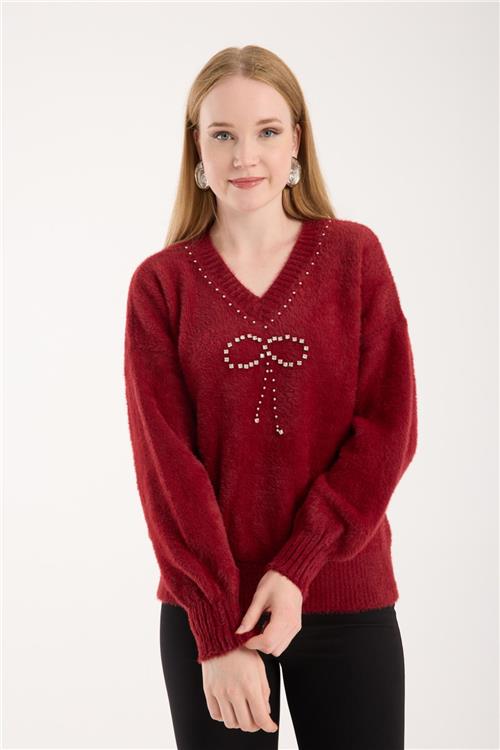 Wholesale Women Burgundy V-Neck Knit Blouse with Rhinestone and Pearl Embellishments