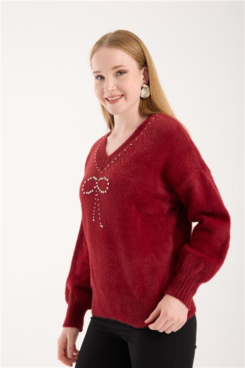 Wholesale Women Burgundy V-Neck Knit Blouse with Rhinestone and Pearl Embellishments