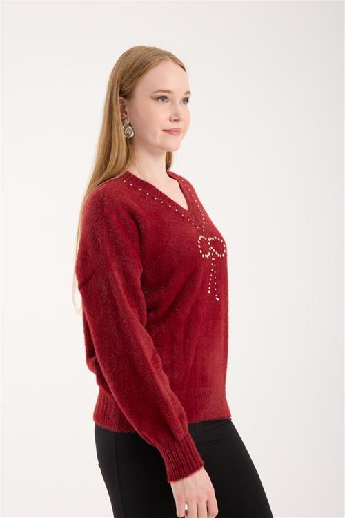 Wholesale Women Burgundy V-Neck Knit Blouse with Rhinestone and Pearl Embellishments