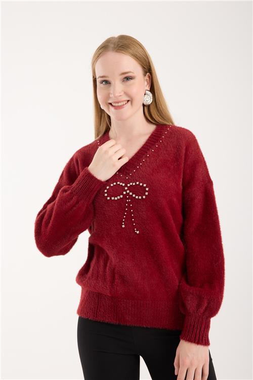 Wholesale Women Burgundy V-Neck Knit Blouse with Rhinestone and Pearl Embellishments