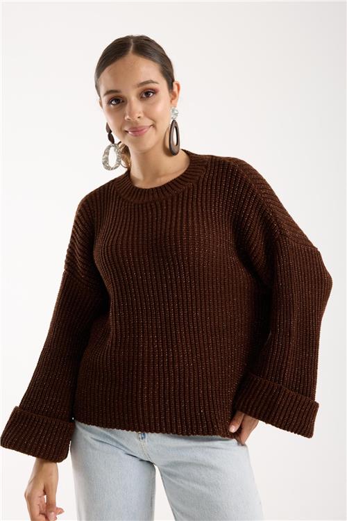 Wholesale Women Dark Brown Lurex Rib Knit Oversized Crew-Neck Sweater