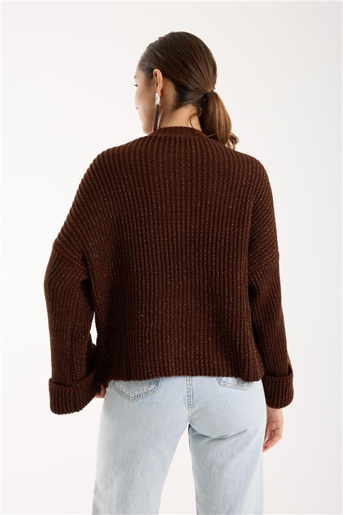 Wholesale Women Dark Brown Lurex Rib Knit Oversized Crew-Neck Sweater