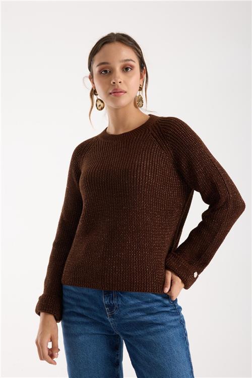 Wholesale Women Dark Brown Lurex Crew-Neck Knit Blouse with Raglan Sleeves and Single Button Cuffs