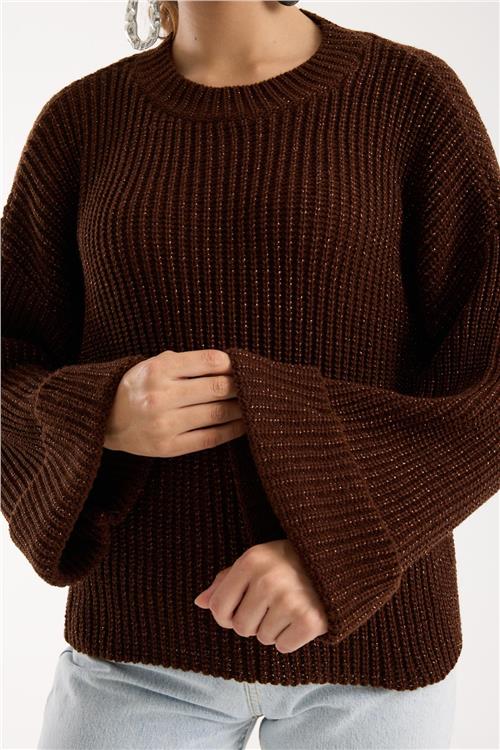 Wholesale Women Dark Brown Lurex Rib Knit Oversized Crew-Neck Sweater