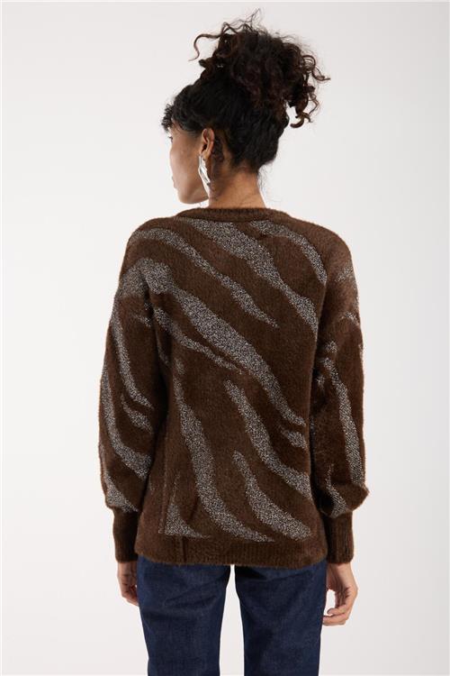 Wholesale Women Dark Brown Lurex Crew-Neck Knit Blouse with Bishop Sleeves