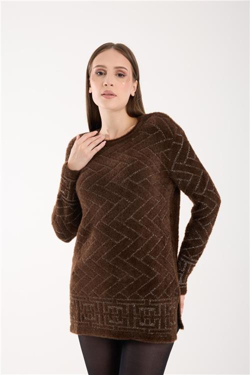 Wholesale Women Dark Brown Lurex Crew-Neck Knit Blouse with Side Slits
