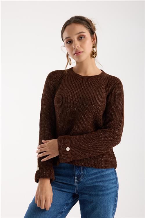 Wholesale Women Dark Brown Lurex Crew-Neck Knit Blouse with Raglan Sleeves and Single Button Cuffs