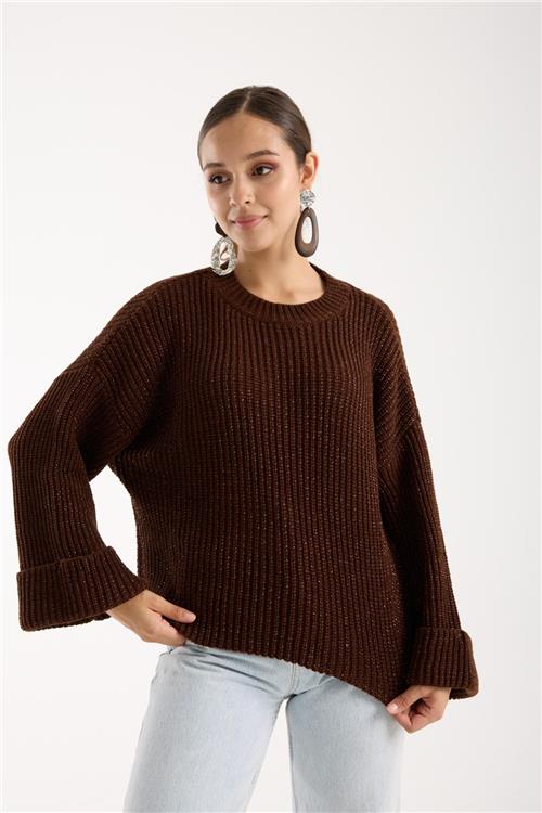 Wholesale Women Dark Brown Lurex Rib Knit Oversized Crew-Neck Sweater