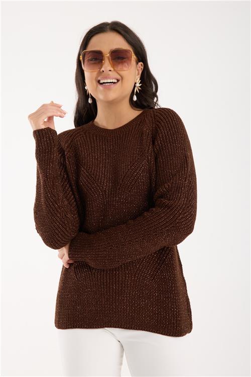 Wholesale Women Dark Brown Crew-Neck Lurex Rib Knit Sweater with Raglan Sleeves