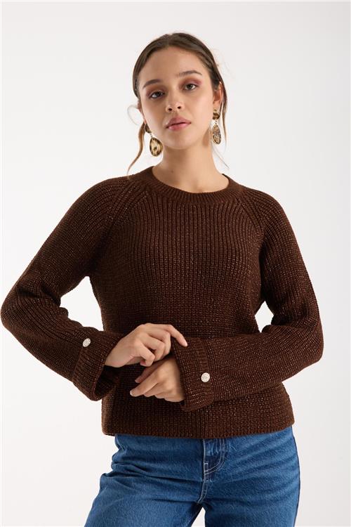 Wholesale Women Dark Brown Lurex Crew-Neck Knit Blouse with Raglan Sleeves and Single Button Cuffs