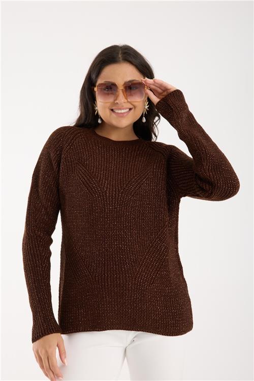 Wholesale Women Dark Brown Crew-Neck Lurex Rib Knit Sweater with Raglan Sleeves