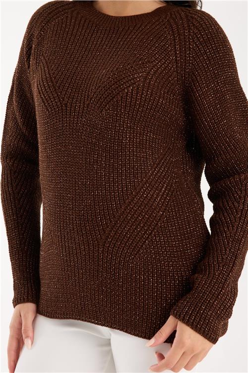 Wholesale Women Dark Brown Crew-Neck Lurex Rib Knit Sweater with Raglan Sleeves