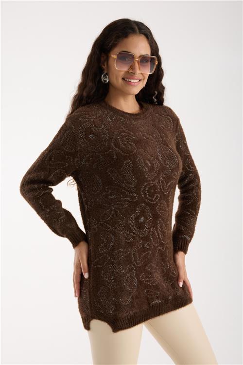 Wholesale Women Dark Brown Lurex Crew-Neck Knit Blouse with Side Slits
