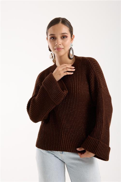 Wholesale Women Dark Brown Lurex Rib Knit Oversized Crew-Neck Sweater