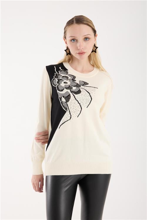 Wholesale Women Ecru Crew-Neck Knit Blouse with Rhinestone Embellishments