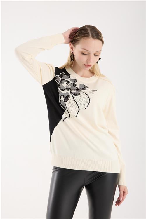 Wholesale Women Ecru Crew-Neck Knit Blouse with Rhinestone Embellishments