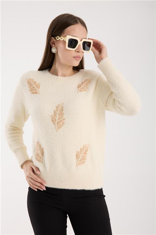 Wholesale Women Ecru Crew-Neck Knit Blouse with Beaded Embroidery
