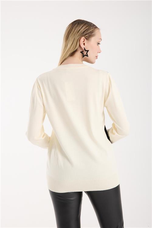 Wholesale Women Ecru Crew-Neck Knit Blouse with Rhinestone Embellishments