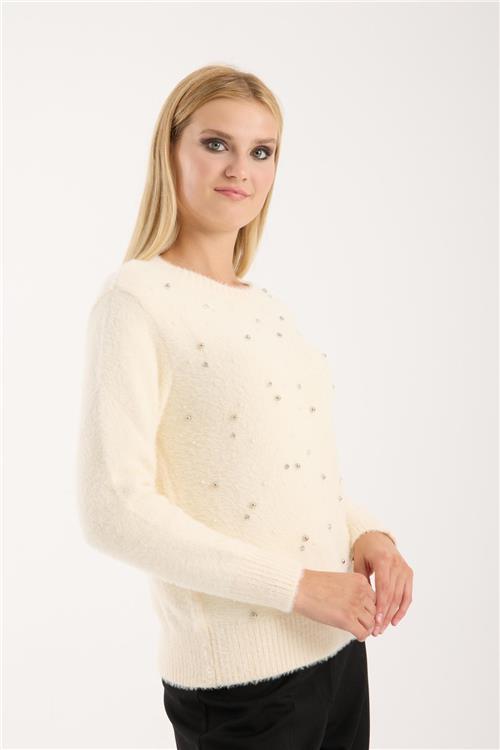 Wholesale Women Ecru Crew-Neck Knit Blouse with Rhinestone and Pearl Embellishments