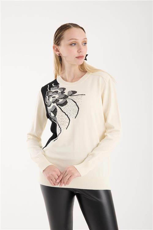 Wholesale Women Ecru Crew-Neck Knit Blouse with Rhinestone Embellishments