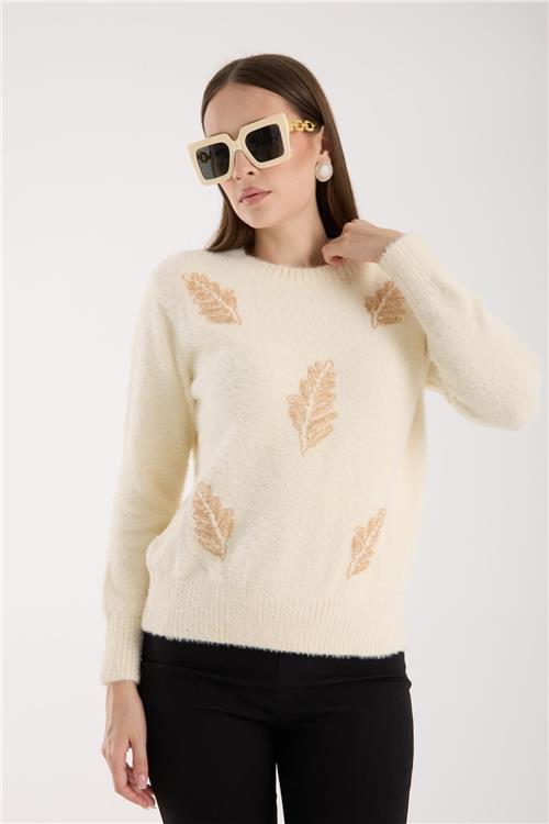 Wholesale Women Ecru Crew-Neck Knit Blouse with Beaded Embroidery