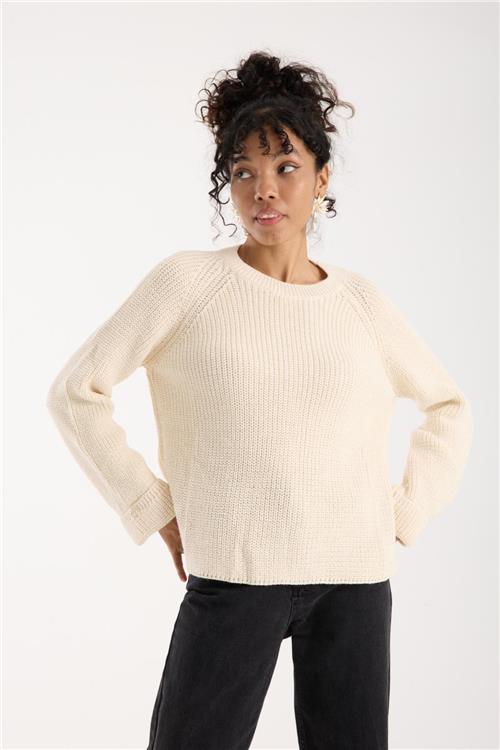 Wholesale Women Ecru Lurex Crew-Neck Knit Blouse with Raglan Sleeves and Single Button Cuffs