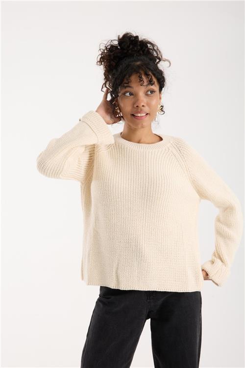 Wholesale Women Ecru Lurex Crew-Neck Knit Blouse with Raglan Sleeves and Single Button Cuffs