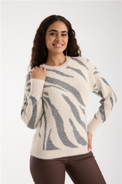 Wholesale Women Ecru Lurex Crew-Neck Knit Blouse with Bishop Sleeves