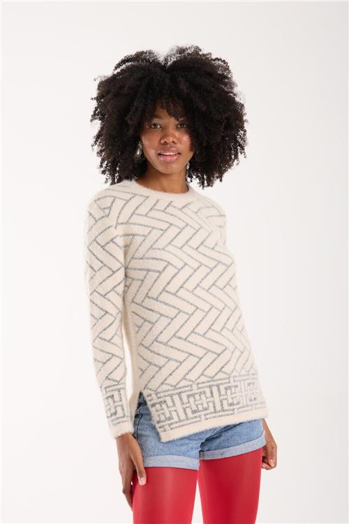 Wholesale Women Ecru Lurex Crew-Neck Knit Blouse with Side Slits