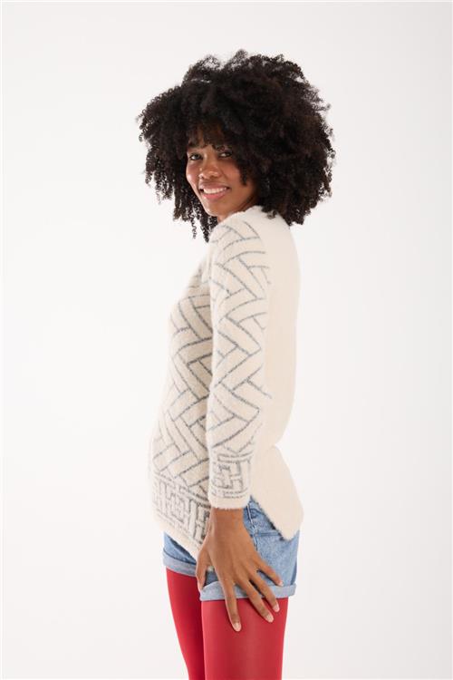 Wholesale Women Ecru Lurex Crew-Neck Knit Blouse with Side Slits