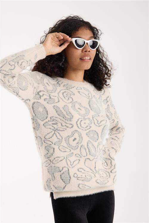 Wholesale Women Ecru Lurex Crew-Neck Knit Blouse with Side Slits