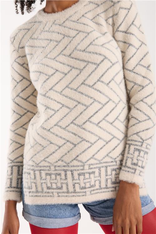 Wholesale Women Ecru Lurex Crew-Neck Knit Blouse with Side Slits