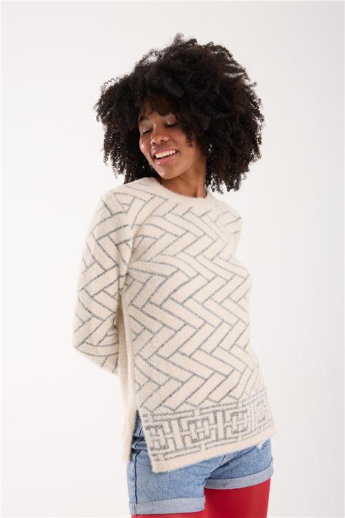 Wholesale Women Ecru Lurex Crew-Neck Knit Blouse with Side Slits