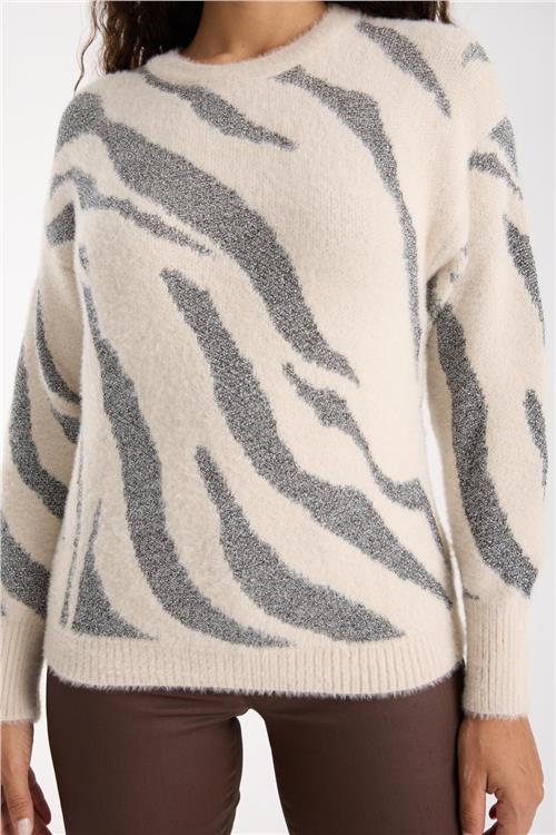 Wholesale Women Ecru Lurex Crew-Neck Knit Blouse with Bishop Sleeves