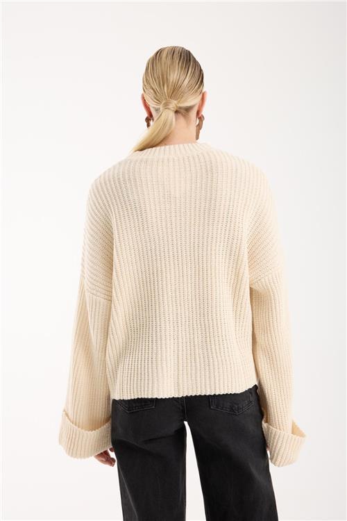 Wholesale Women Ecru Lurex Rib Knit Oversized Crew-Neck Sweater