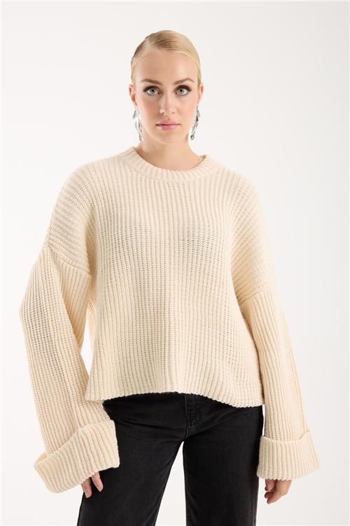 Wholesale Women Ecru Lurex Rib Knit Oversized Crew-Neck Sweater