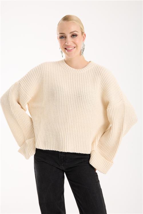 Wholesale Women Ecru Lurex Rib Knit Oversized Crew-Neck Sweater
