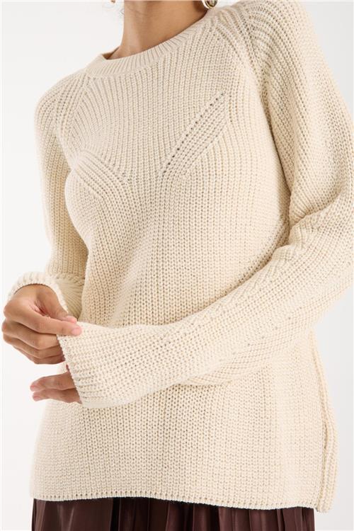 Wholesale Women Ecru Crew-Neck Lurex Rib Knit Sweater with Raglan Sleeves