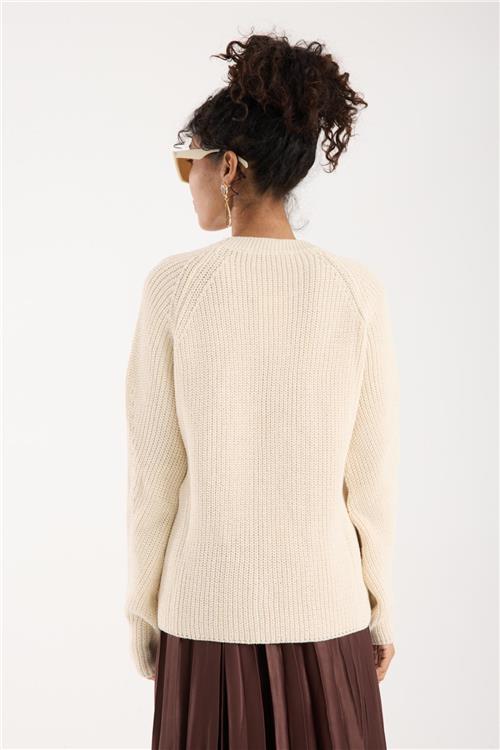 Wholesale Women Ecru Crew-Neck Lurex Rib Knit Sweater with Raglan Sleeves