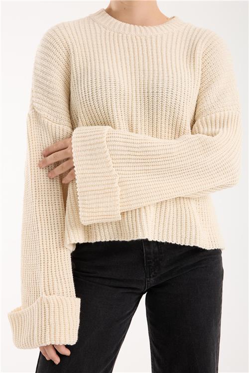 Wholesale Women Ecru Lurex Rib Knit Oversized Crew-Neck Sweater