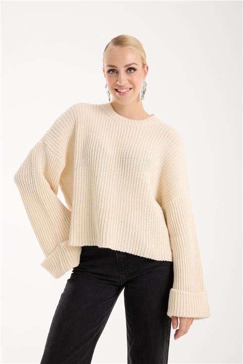 Wholesale Women Ecru Lurex Rib Knit Oversized Crew-Neck Sweater