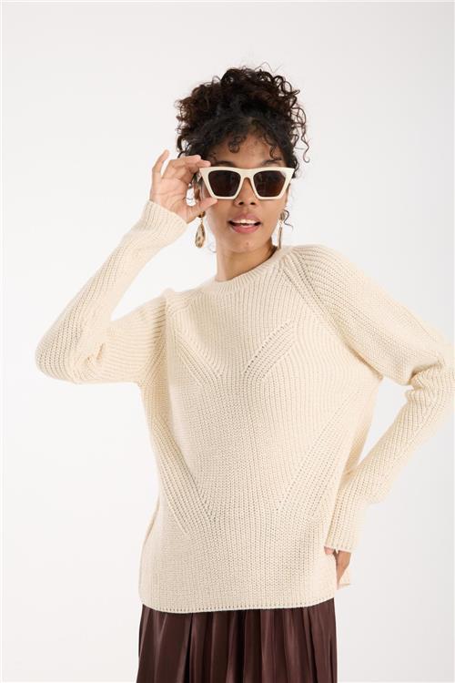 Wholesale Women Ecru Crew-Neck Lurex Rib Knit Sweater with Raglan Sleeves