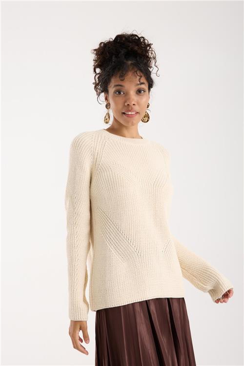 Wholesale Women Ecru Crew-Neck Lurex Rib Knit Sweater with Raglan Sleeves