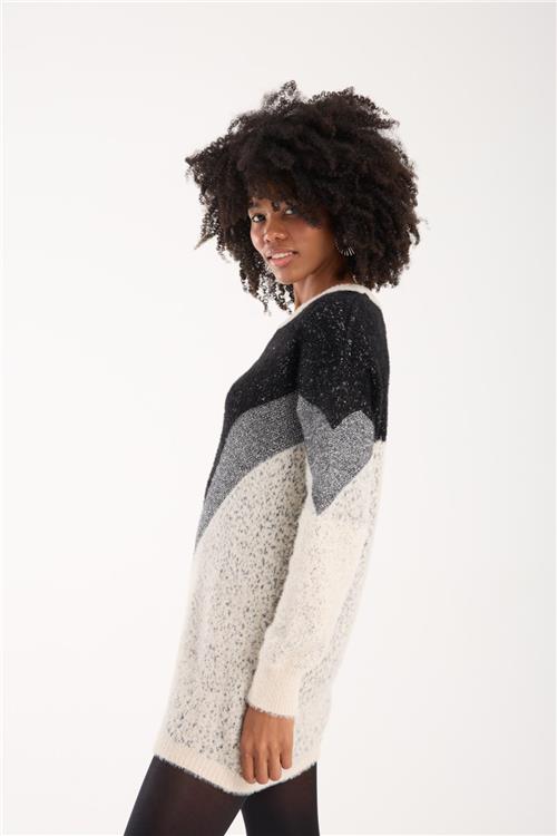 Wholesale Women Ecru Two-Tone Crew-Neck Lurex Knit Blouse