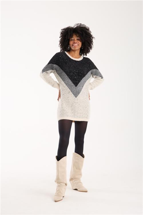 Wholesale Women Ecru Two-Tone Crew-Neck Lurex Knit Blouse