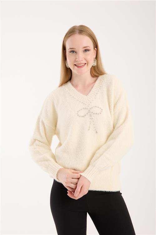 Wholesale Women Ecru V-Neck Knit Blouse with Rhinestone and Pearl Embellishments